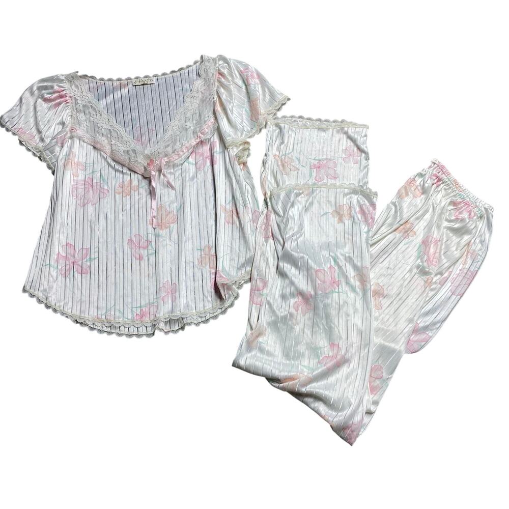 Elissia Vintage Pink White Dainty Floral Cottagecore Pajama Shirt Pants Set XS